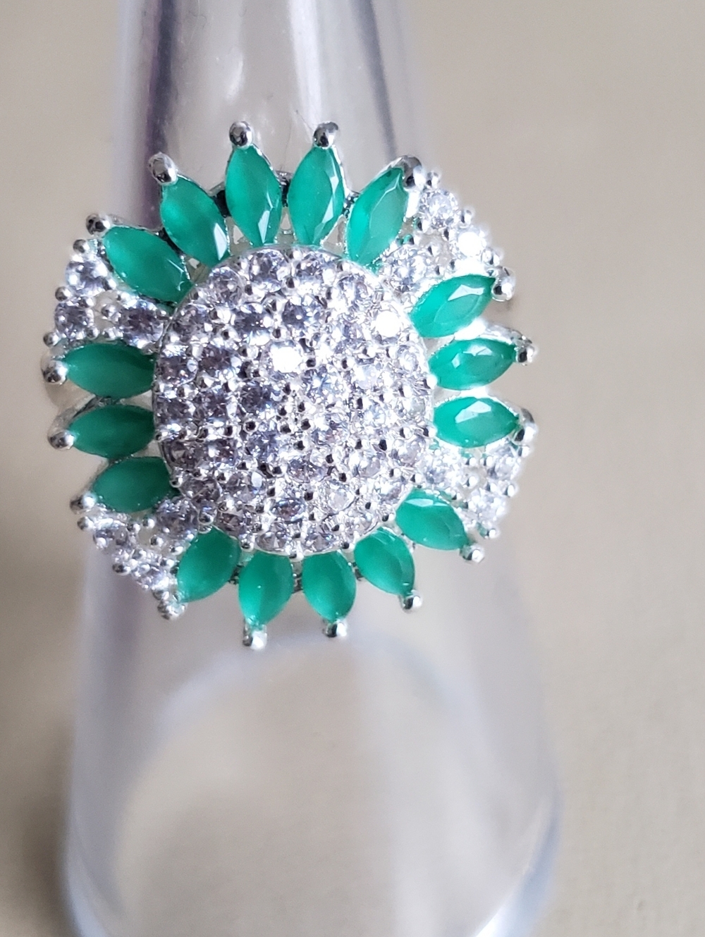 NEW Emerald Sunflower Stamped 925 Sterling Ring W/white Gemstones, Very Unusual